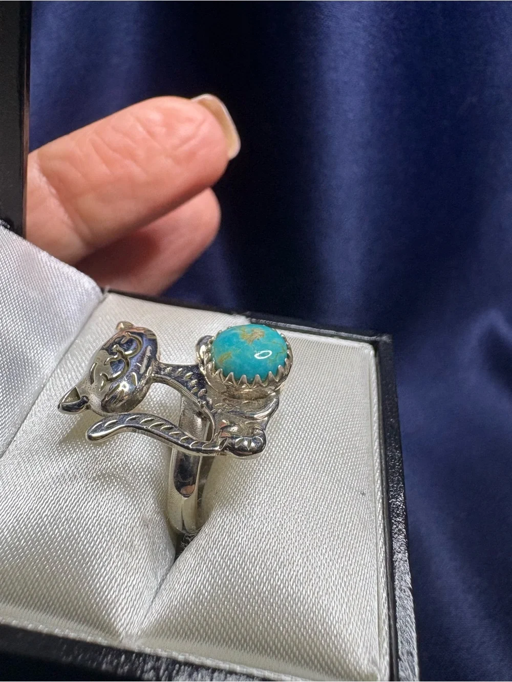 Ring Genuine Turquoise 925 Sterling Silver Cat Pet Animal